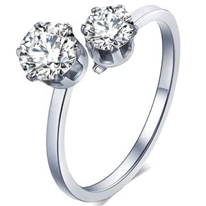 Silver Adjustable Unique Two Stone Zircon Ring